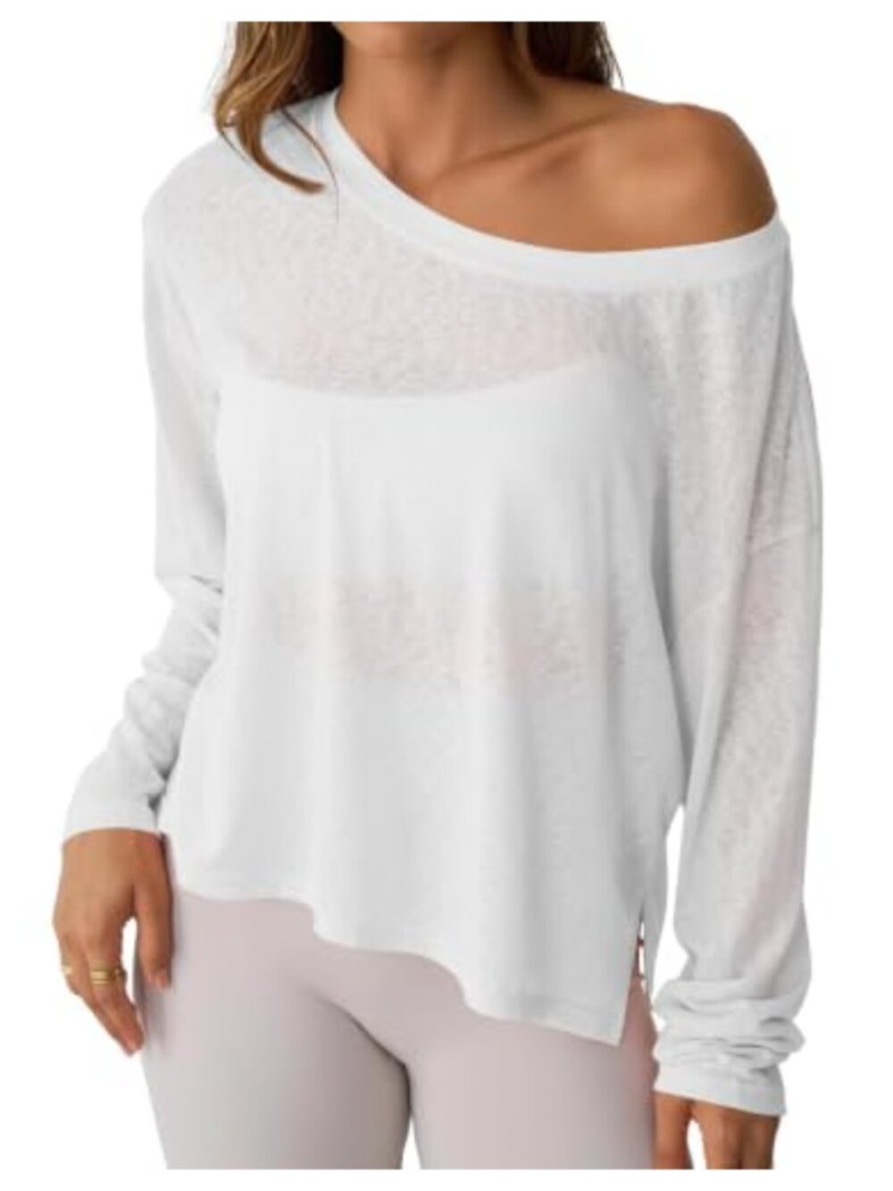 Sheer Mesh Off Shoulder Long Sleeve Top Loose Fit Workout Shirt